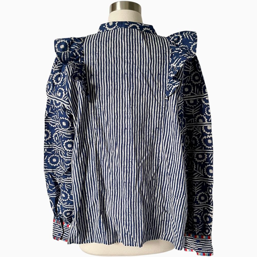 Sezane Coletta Cotton Blouse Blue Ivory Stripe Button Front Shirt Size 46 Rayure - Picture 4 of 8